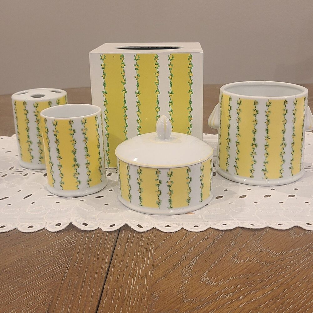 Vtg Seven Seas Bath 6 Pc Set Yellow Tissue Cover Toothpaste Tumbler Swabs Powder